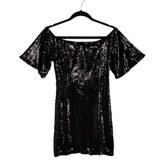 DO + BE Women's Black Off The Shoulder Short Sleeve Sequined Mini Dress Medium - Picture 1 of 6